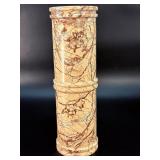 Vintage Hand-Carved Cylindrical Stone Vase - Floral & Branch Relief Motif - 1970s Style.   1 lb 15.7 oz / 899 g.