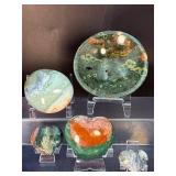 Rare 5-Piece Collector’s Set: Polished Madagascan Ocean Jasper Heart, Palm Stone & Bowl Collection.  1 lb 4.5 oz / 584 g.