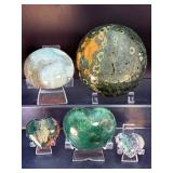 Rare 5-Piece Collector’s Set: Polished Madagascan Ocean Jasper Heart, Palm Stone & Bowl Collection.  1 lb 4.5 oz / 584 g.
