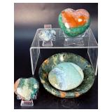 Rare 5-Piece Collector’s Set: Polished Madagascan Ocean Jasper Heart, Palm Stone & Bowl Collection.  1 lb 4.5 oz / 584 g.