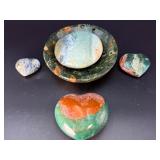 Rare 5-Piece Collector’s Set: Polished Madagascan Ocean Jasper Heart, Palm Stone & Bowl Collection.  1 lb 4.5 oz / 584 g.