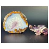 Stunning Natural Agate Amethyst Geode Slice & Hand-Carved Dream Amethyst Turtle Figurine.   9.2 oz / 261 g.