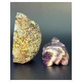 Stunning Natural Agate Amethyst Geode Slice & Hand-Carved Dream Amethyst Turtle Figurine.   9.2 oz / 261 g.