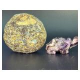 Stunning Natural Agate Amethyst Geode Slice & Hand-Carved Dream Amethyst Turtle Figurine.   9.2 oz / 261 g.