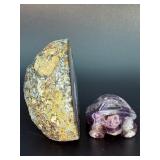 Stunning Natural Agate Amethyst Geode Slice & Hand-Carved Dream Amethyst Turtle Figurine.   9.2 oz / 261 g.