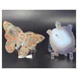 Hand-Carved Gemstone Pair: Ocean Jasper Butterfly & Agate Geode Turtle.   8.2 oz / 233 g.