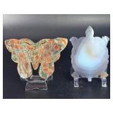 Hand-Carved Gemstone Pair: Ocean Jasper Butterfly & Agate Geode Turtle.   8.2 oz / 233 g.