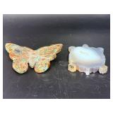 Hand-Carved Gemstone Pair: Ocean Jasper Butterfly & Agate Geode Turtle.   8.2 oz / 233 g.