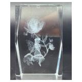 Vintage 3D Laser Etched Crystal Glass Paperweight - Winged Fairy & Lotus Flower.   1 lb .2 oz / 460 g.
