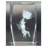 Vintage 3D Laser Etched Crystal Glass Paperweight - Winged Fairy & Lotus Flower.   1 lb .2 oz / 460 g.