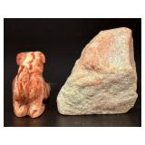 Hand-Carved Pink Banded Calcite Dog Figurine & Matching Raw Specimen Set.5.9 oz / 170 g.
