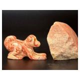 Hand-Carved Pink Banded Calcite Dog Figurine & Matching Raw Specimen Set.5.9 oz / 170 g.