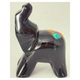 Vintage Hand-Carved Black Obsidian Elephant Figurine - Semi-Precious Stone Inlay - Trunk Up for Good Luck.   7.5 oz / 214 g.