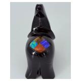 Vintage Hand-Carved Black Obsidian Elephant Figurine - Semi-Precious Stone Inlay - Trunk Up for Good Luck.   7.5 oz / 214 g.