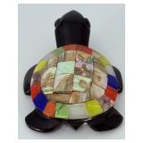 Artisan Hand-Carved Black Obsidian & Mosaic Abalone Turtle Figurine.   5.5 oz / 158 g.