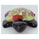 Artisan Hand-Carved Black Obsidian & Mosaic Abalone Turtle Figurine.   5.5 oz / 158 g.