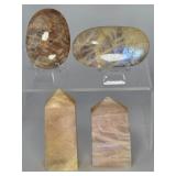 Premium 4-Piece Flashy Moonstone & Sunstone Collection: High-Grade Polished Towers and Large Palm Stones with Intense Blue & Golden Adularescence.   10.7 oz / 306 g.