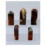 Set of 5 Natural Red Moss Agate Crystal Towers – Rare Iron Oxide Inclusions.     1 lb 2.1 oz / 514 g.