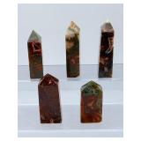 Set of 5 Natural Red Moss Agate Crystal Towers – Rare Iron Oxide Inclusions.     1 lb 2.1 oz / 514 g.