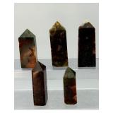 Set of 5 Natural Red Moss Agate Crystal Towers – Rare Iron Oxide Inclusions.     1 lb 2.1 oz / 514 g.