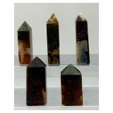 Set of 5 Natural Red Moss Agate Crystal Towers – Rare Iron Oxide Inclusions.     1 lb 2.1 oz / 514 g.