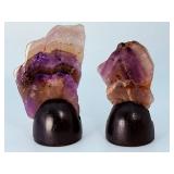 Pair of Polished Chevron Amethyst Stalactite Slices on Custom Wooden Stands.   6.7 oz / 190 g.