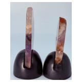 Pair of Polished Chevron Amethyst Stalactite Slices on Custom Wooden Stands.   6.7 oz / 190 g.