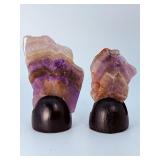 Pair of Polished Chevron Amethyst Stalactite Slices on Custom Wooden Stands.   6.7 oz / 190 g.
