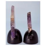 Pair of Polished Chevron Amethyst Stalactite Slices on Custom Wooden Stands.   6.7 oz / 190 g.