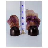 Pair of Polished Chevron Amethyst Stalactite Slices on Custom Wooden Stands.   6.7 oz / 190 g.