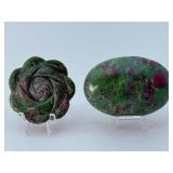 Stunning Ruby in Zoisite & Ruby in Fuchsite Collector’s Pair – Hand-Carved Rose & Polished Palm Stone.   8 oz / 227 g.