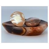 Stunning Natural Banded Agate Set – 1 Hand-Carved Bowl & 2 Polished Palm Stones.   10.7 oz / 306 g.