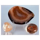 Stunning Natural Banded Agate Set – 1 Hand-Carved Bowl & 2 Polished Palm Stones.   10.7 oz / 306 g.