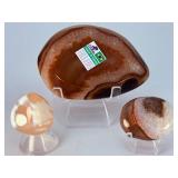 Stunning Natural Banded Agate Set – 1 Hand-Carved Bowl & 2 Polished Palm Stones.   10.7 oz / 306 g.