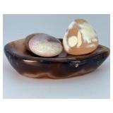 Stunning Natural Banded Agate Set – 1 Hand-Carved Bowl & 2 Polished Palm Stones.   10.7 oz / 306 g.