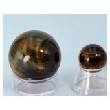 Natural Blue & Gold Tiger’s Eye Sphere Set – Chatoyant "Hawk’s Eye" & Golden Quartz Specimens.   2.8 oz / 81 g.