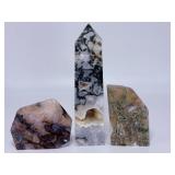 Stunning 3-Piece Moss Agate Collection: Druzy Tower & Polished Freeform Slabs.    2 lbs 15.4 oz / 1 kg 345 g.