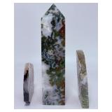 Stunning 3-Piece Moss Agate Collection: Druzy Tower & Polished Freeform Slabs.    2 lbs 15.4 oz / 1 kg 345 g.