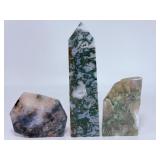 Stunning 3-Piece Moss Agate Collection: Druzy Tower & Polished Freeform Slabs.    2 lbs 15.4 oz / 1 kg 345 g.