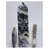 Stunning 3-Piece Moss Agate Collection: Druzy Tower & Polished Freeform Slabs.    2 lbs 15.4 oz / 1 kg 345 g.