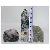 Stunning 3-Piece Moss Agate Collection: Druzy Tower & Polished Freeform Slabs.    2 lbs 15.4 oz / 1 kg 345 g.
