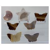 Seven-Piece Collector’s Set: Hand-Carved Agate Moon, Star, & Butterflies.   10.7 oz / 306 g.