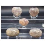 Lot of 5 Premium Peach Moonstone Carvings - Hearts, Eggs & Palm Stones.   2 lbs 1.5 oz / 951 g.