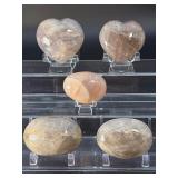 Lot of 5 Premium Peach Moonstone Carvings - Hearts, Eggs & Palm Stones.   2 lbs 1.5 oz / 951 g.