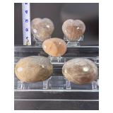 Lot of 5 Premium Peach Moonstone Carvings - Hearts, Eggs & Palm Stones.   2 lbs 1.5 oz / 951 g.