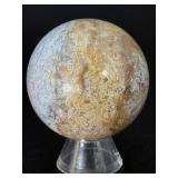 High-Quality Polished Ocean Jasper Sphere – Rare Specimen with Orbicular Detail.   9.2 oz / 262 g