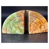Vintage Art Deco Green & Amber Multi-Color Onyx "Half-Moon" Bookends.              15 lbs 8 oz / 7 kg 33 g.