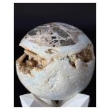Rare Druzy Pink Lace Agate Sphere – Natural Stalactitic Geode Vug – Indonesian Specimen.  1lb .5 oz / 468 g.