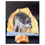 Original Hand-Painted Wolf Wildlife Portrait on Polished Honey Onyx – Signed by "CAMPY".    3 lbs 1 oz / 1 kg 390 g.