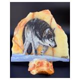 Original Hand-Painted Wolf Wildlife Portrait on Polished Honey Onyx – Signed by "CAMPY".    3 lbs 1 oz / 1 kg 390 g.